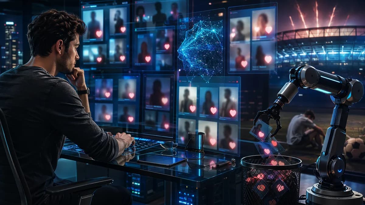 AI-powered dating automation scene with social media feeds, stadium lights, and a futuristic workspace.