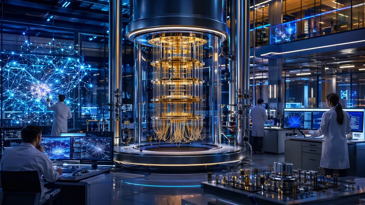 Futuristic quantum computing lab with glowing cryogenic processor and abstract AI network visuals.