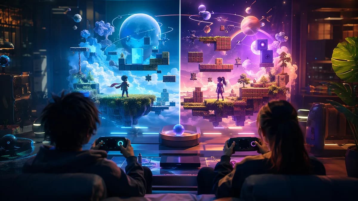 Two players face glowing split-screen platform worlds in a futuristic gaming hub.