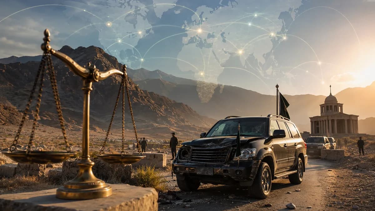 Symbolic desert convoy and courthouse scene in Balochistan with world map and geopolitical connections.