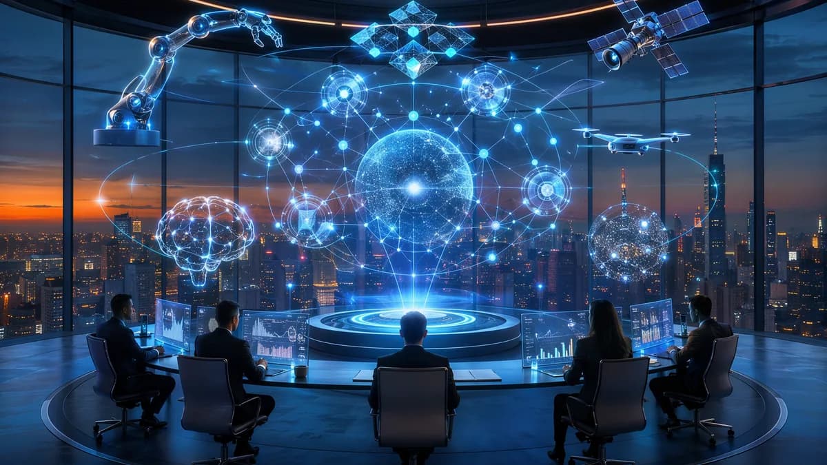 Crypto VC investment hub with AI, robotics, drone and space tech holograms in a modern fintech setting