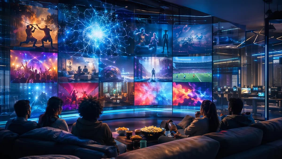 Futuristic streaming hub with abstract entertainment screens and viewers ready for a weekend binge.