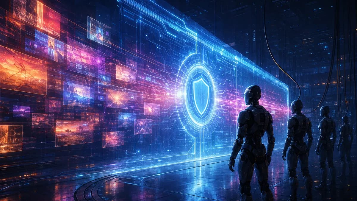AI crawler bots blocked by a glowing digital firewall around creator content panels.