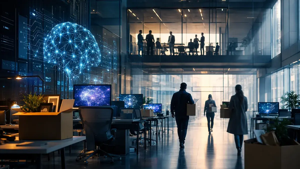 Tech office layoffs amid glowing AI systems and empty desks, suggesting an AI-era restructuring.