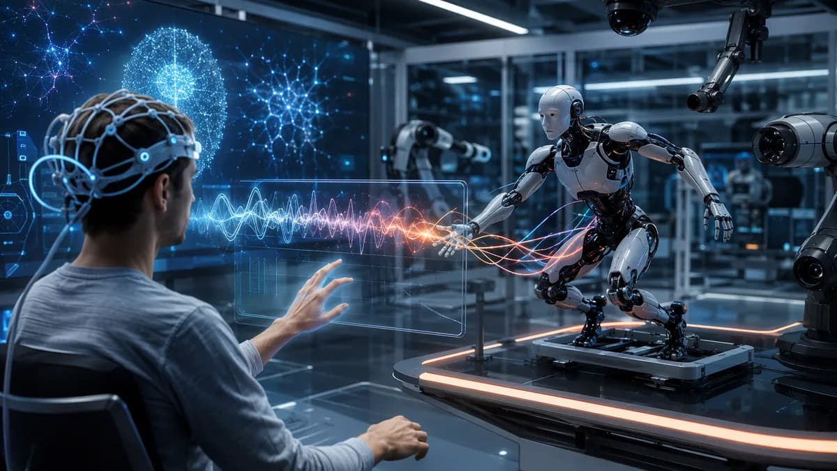 Robot learns from human brain-wave signals in a futuristic AI research lab.