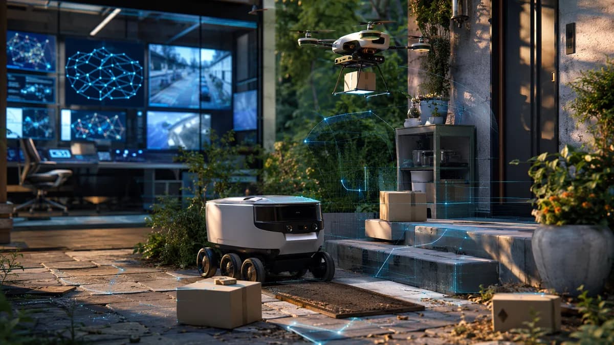Autonomous robot and drone navigate a cluttered porch with subtle AI network visuals.