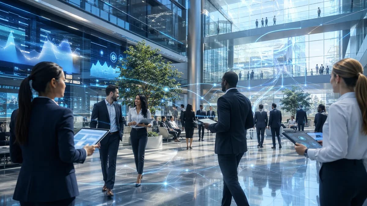 Bankers in a modern finance atrium with digital network visuals, symbolizing rapid hiring after a merger.