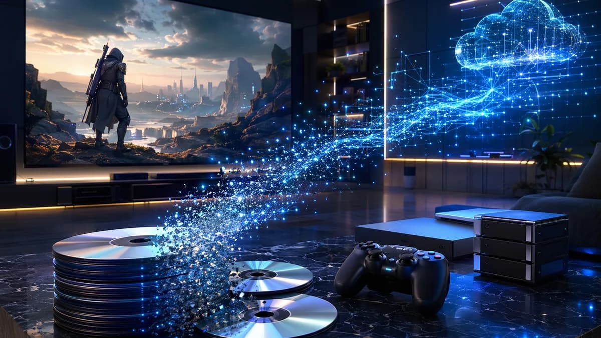 Unbranded game discs dissolve into digital particles beside a futuristic console and glowing screen.