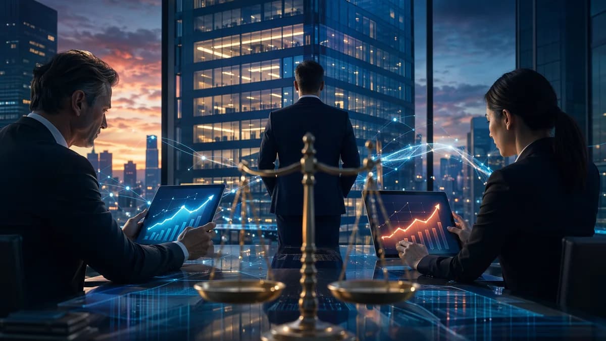 Modern bank growth scene with rising revenue and expense curves, fintech dashboards, and investor tension.