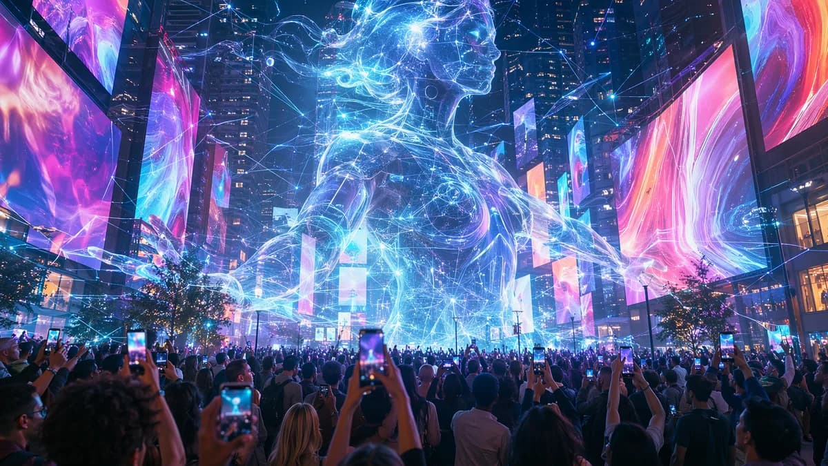 Huge city crowd raises phones toward a glowing AR creature in a neon tech plaza at night.