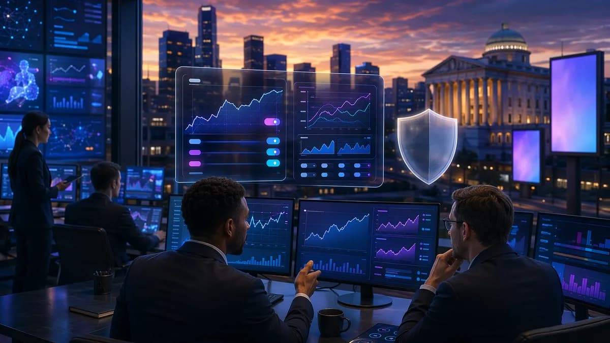 Fintech prediction market comeback with trust shield, blank billboards, and regulatory backdrop