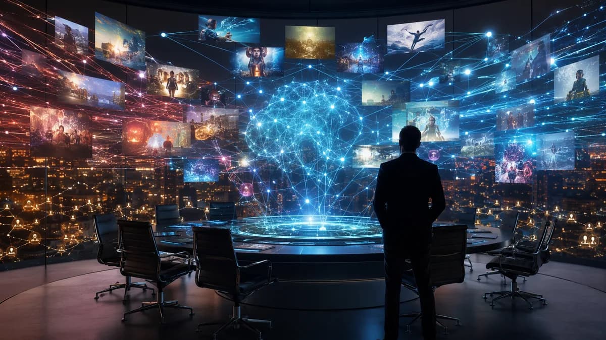 AI-powered streaming platform redesign in a futuristic media control room with glowing neural networks.