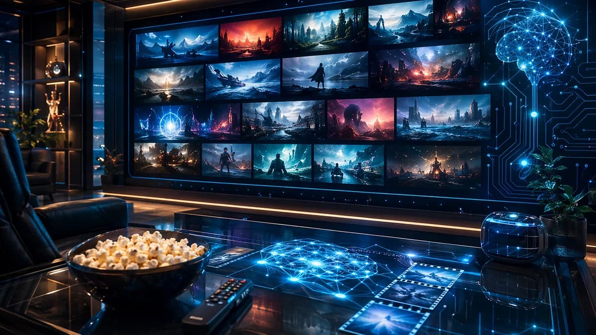 Futuristic streaming workspace with glowing screens, neural networks, and abstract movie thumbnails.