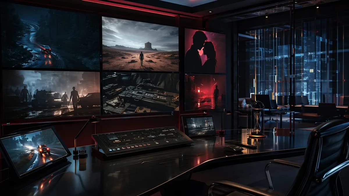 Futuristic streaming hub with eerie thriller scenes on screens and AI network visuals.