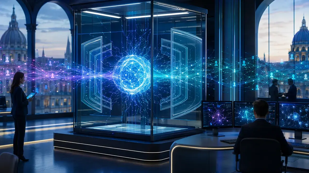Secure AI neural core in a futuristic workspace symbolizing private European data protection.