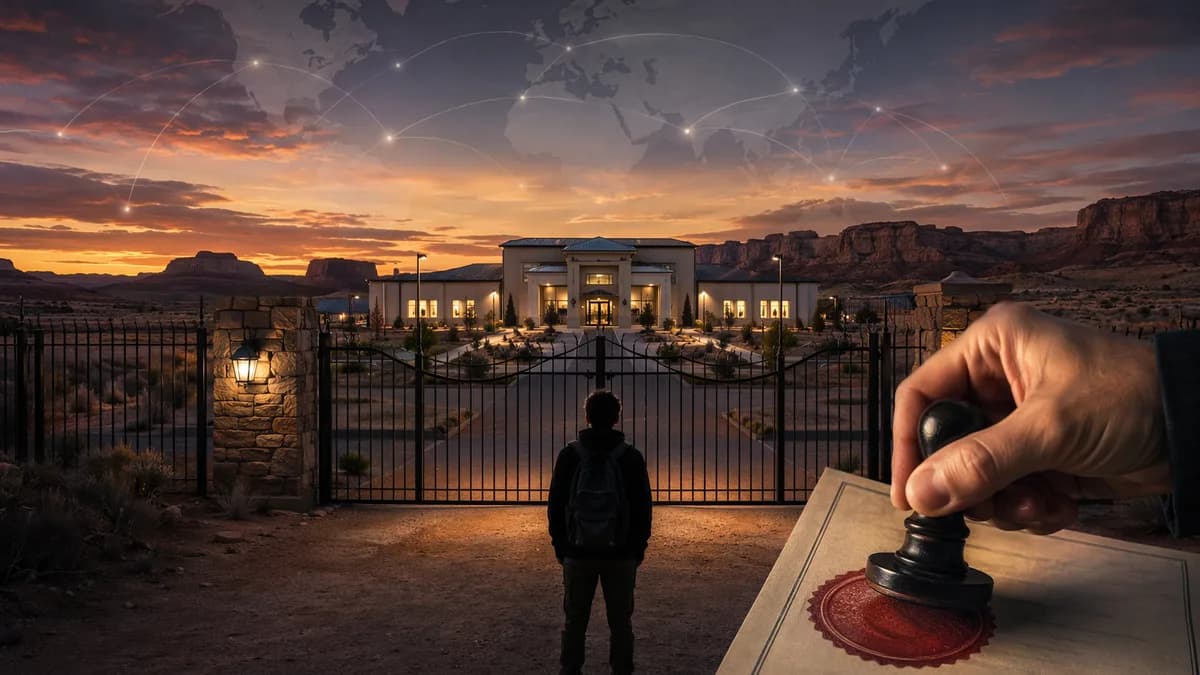 Utah boarding school campus with locked gates and revoked license imagery under global map overlay.