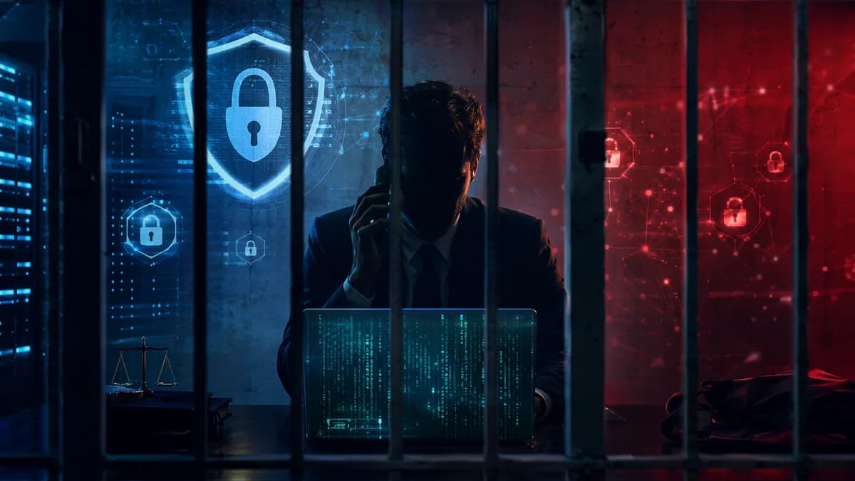 Ransomware negotiator silhouette behind prison bars amid locks, shields, and encrypted data streams.