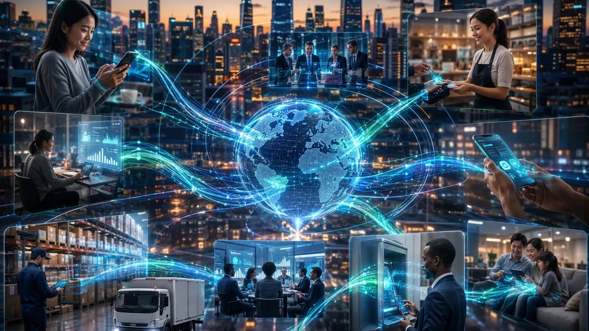 Instant payment flows connect apps, businesses, and workflows across a futuristic fintech city.