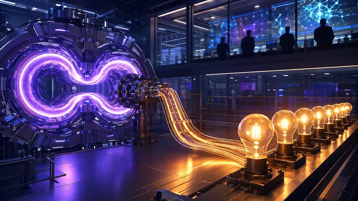 Fusion lab reactor channels plasma energy to glowing bulbs in a futuristic research workspace.