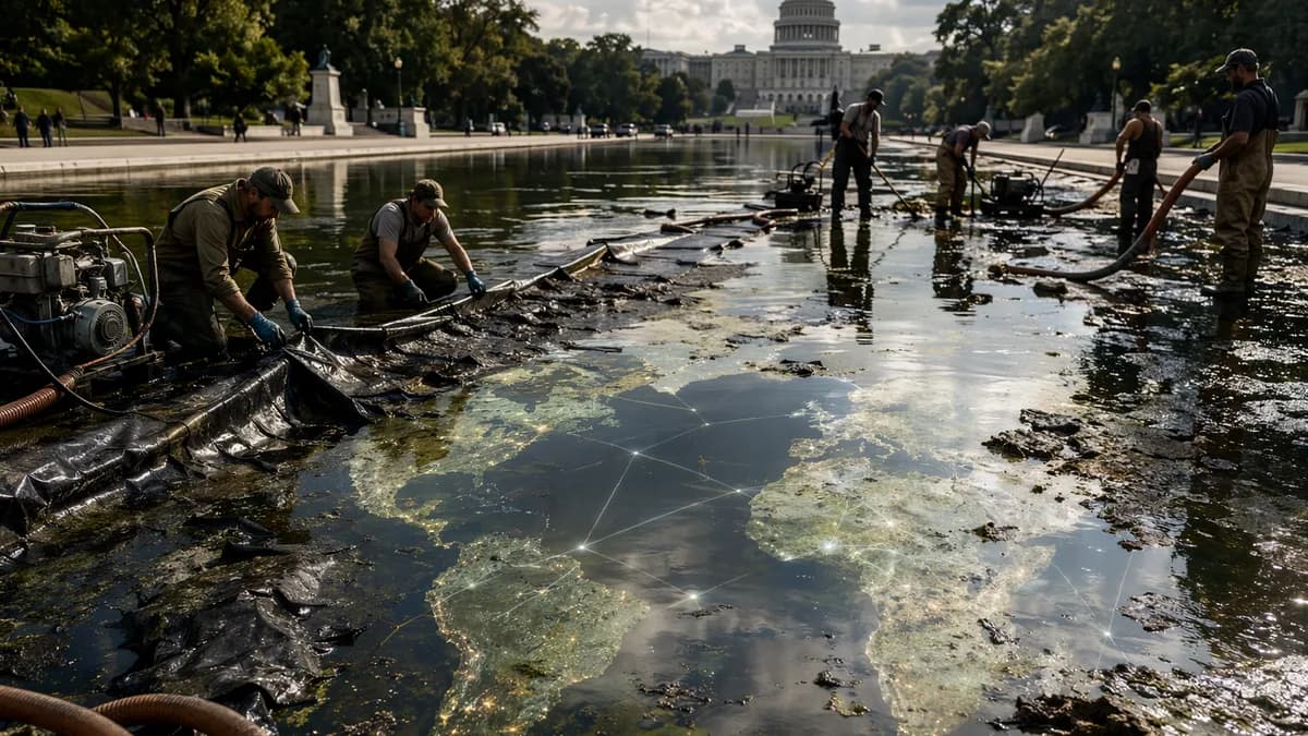 Crews drain an algae-stained reflecting pool with global map reflections in a civic setting.