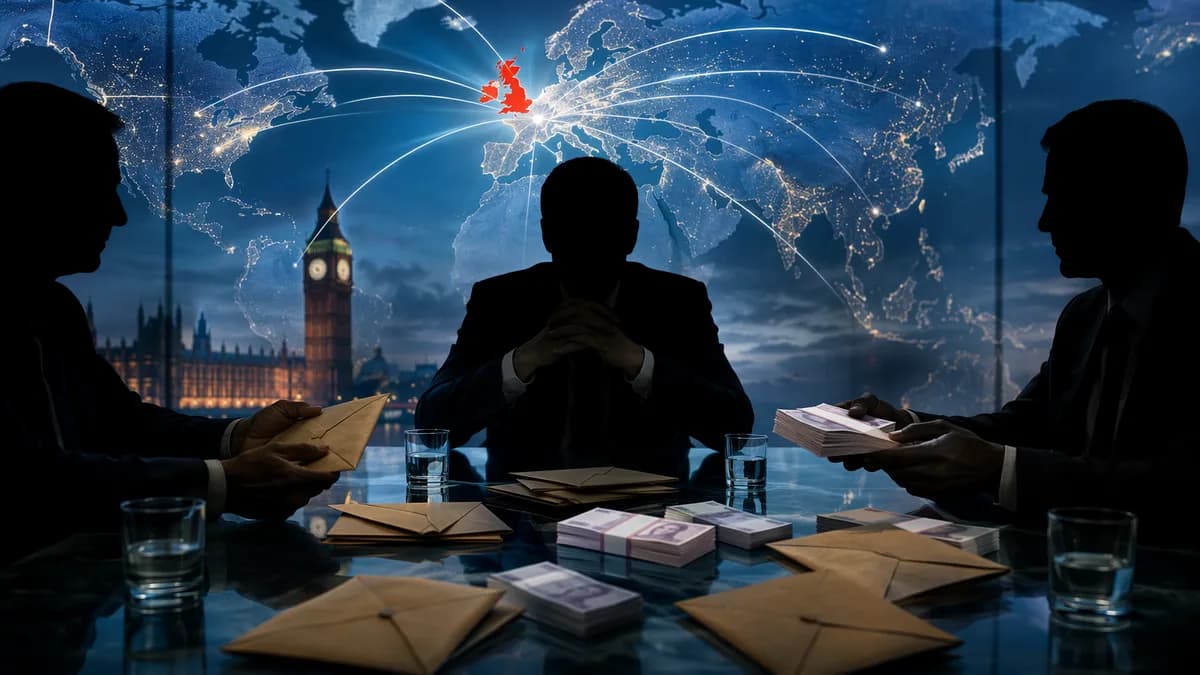 Anonymous donors and campaign finance imagery over a global map, suggesting UK political donation reform.