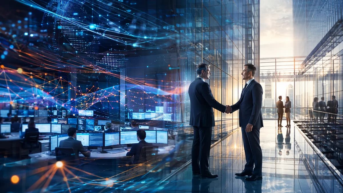Executives shake hands in a modern banking atrium with glowing capital markets data screens.