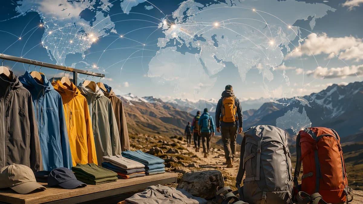 Premium summer outdoor gear arranged with mountain backdrop and subtle global map connections.