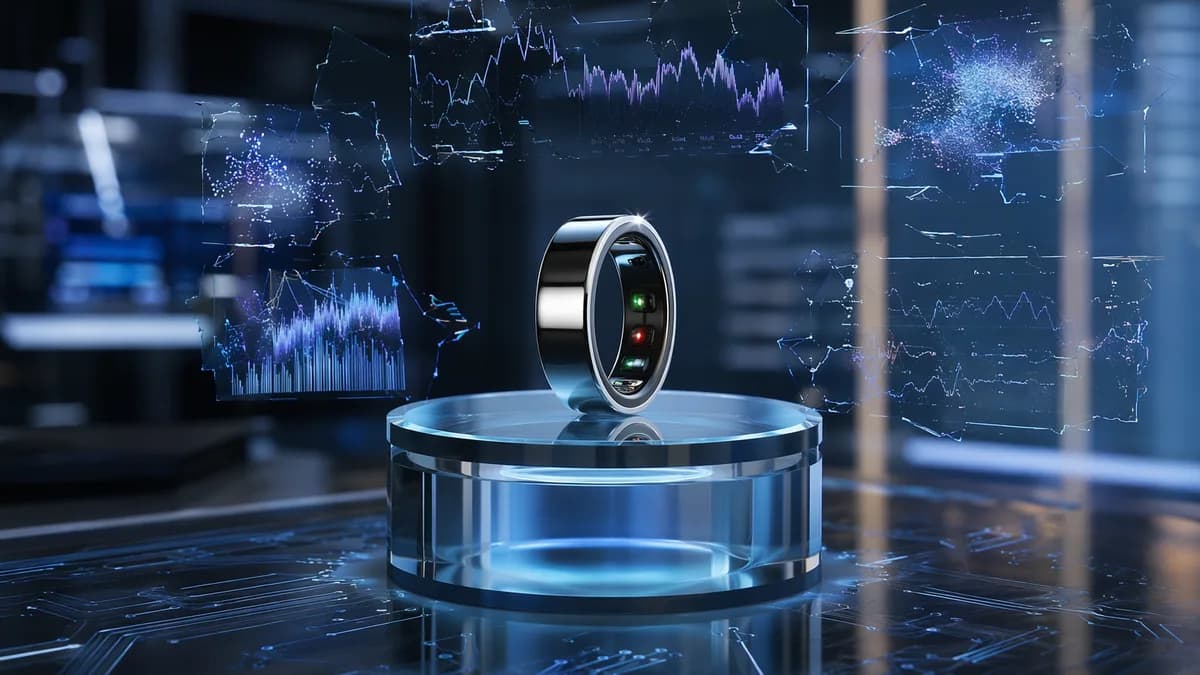 Elegant smart ring on a tech pedestal with glitchy health-tracking visuals in a futuristic workspace.