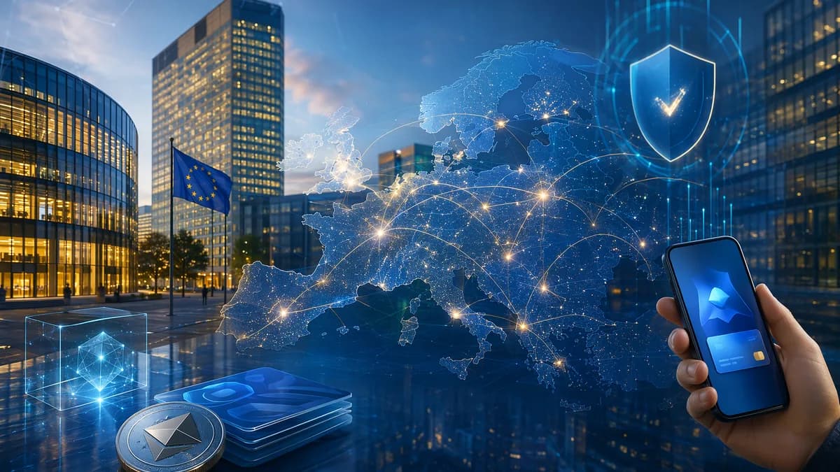 Digital crypto payment network across Europe symbolizing Ripple’s regulated EU expansion.