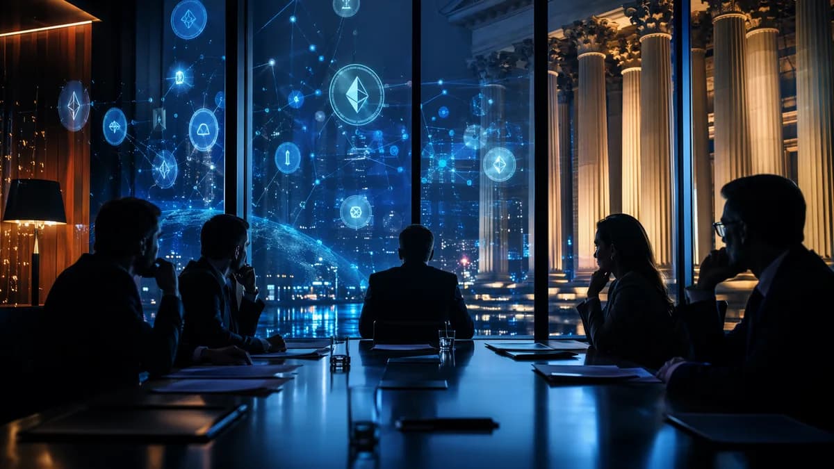Fintech executives weigh a legal battle amid crypto tokens and courthouse reflections.