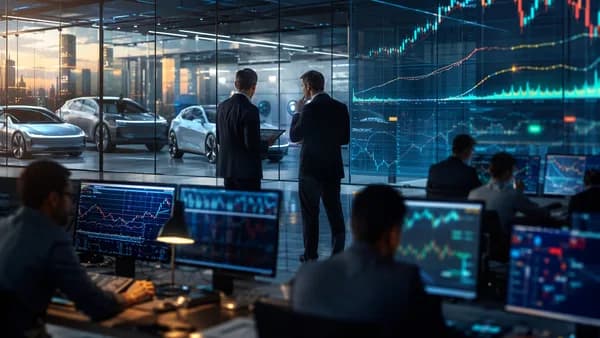 Automotive engineers near trading screens in a cinematic insider trading market scene