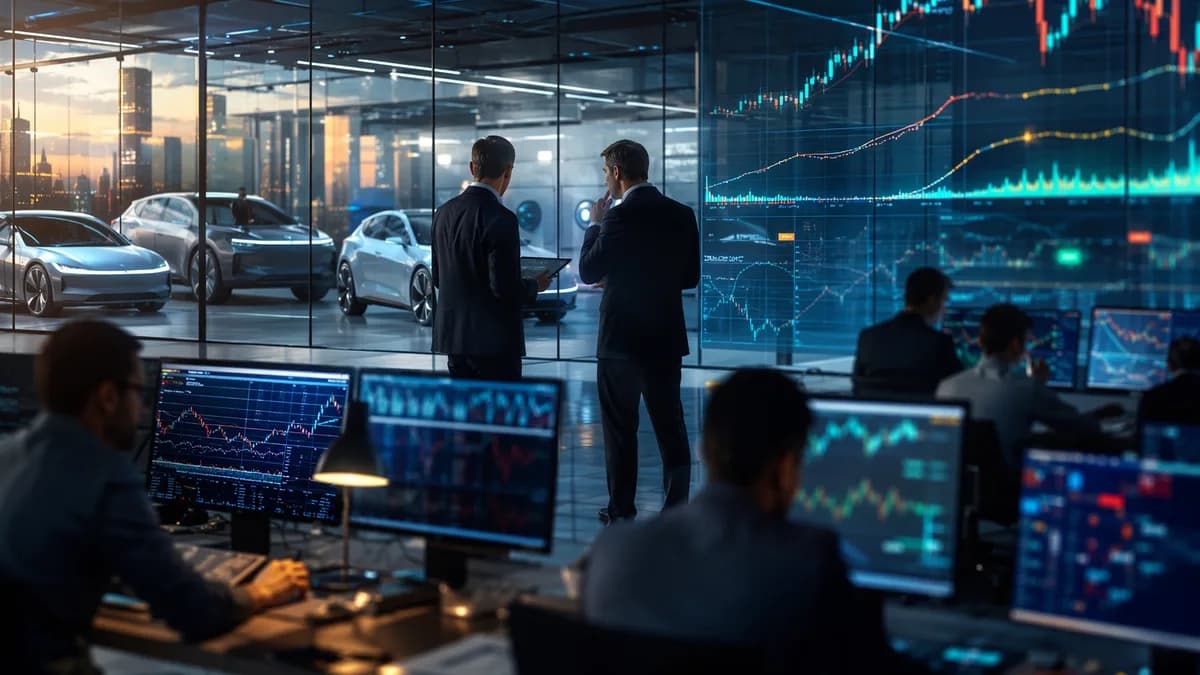 Automotive engineers near trading screens in a cinematic insider trading market scene