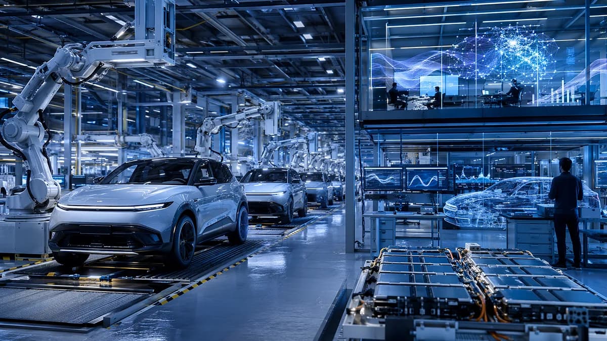 Unbranded electric SUVs on a futuristic automated factory line with AI and circuit visuals.