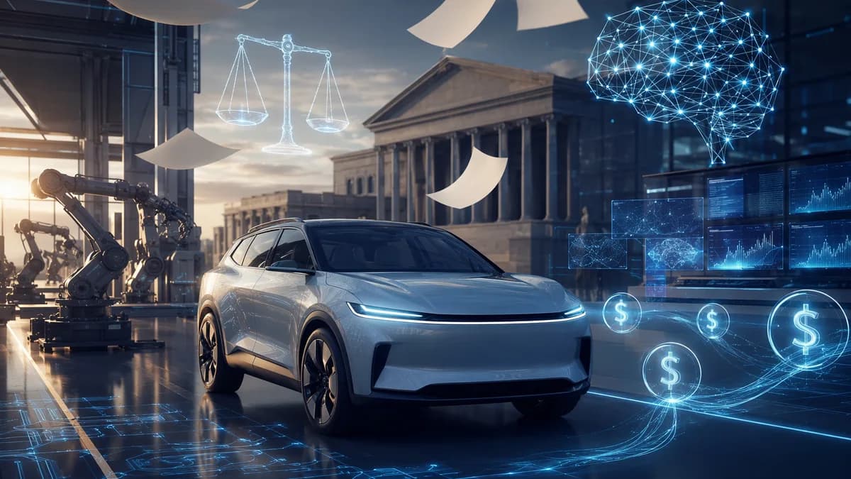Unbranded electric SUV in a futuristic hub with courthouse and abstract tariff refund visuals.