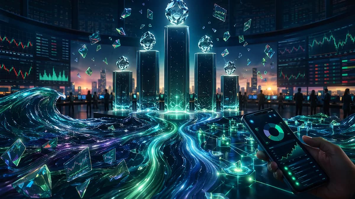 Futuristic fintech scene showing blockchain liquidity streams, DEX pools, and small tokenized stock shards.