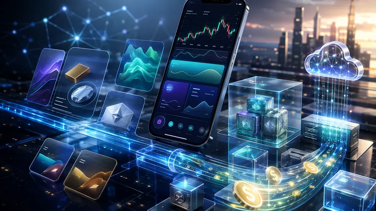 Futuristic trading wallet connected to blockchain rails, tokenized assets, and digital dollar yield streams.