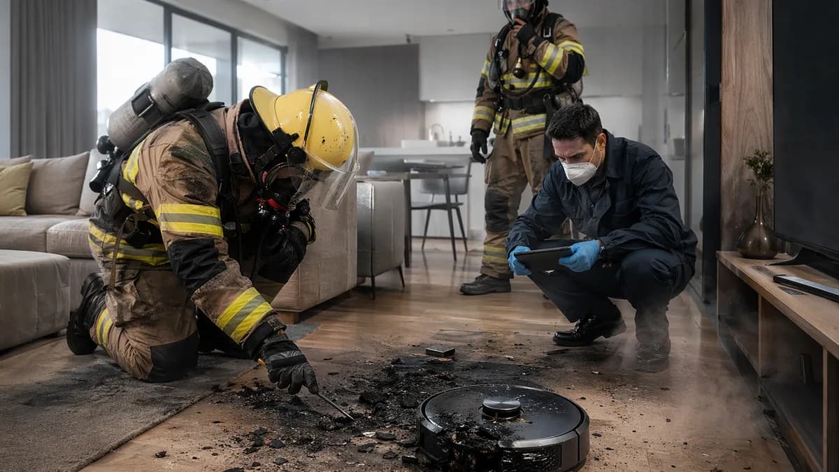 Investigators examine a scorched robot vacuum after a suspected lithium-ion battery fire in a modern home.