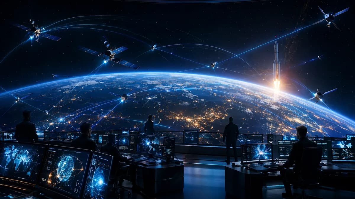 Futuristic mission control viewing satellite constellations and data beams over Earth orbit.