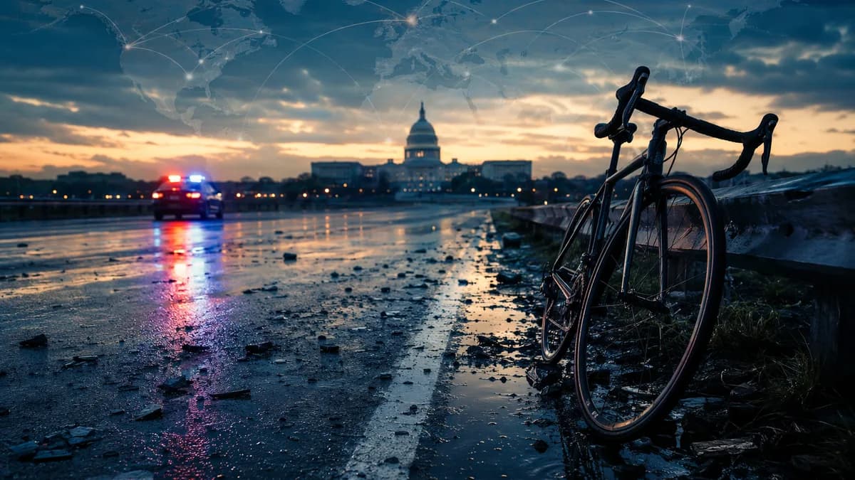 Somber editorial scene with bicycle, car, courthouse silhouette, and global map connections.