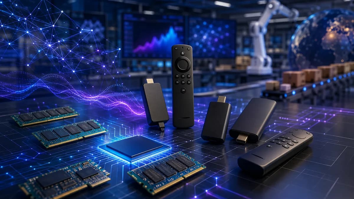 Generic streaming sticks beside RAM chips in a futuristic tech workspace, symbolizing rising hardware costs.