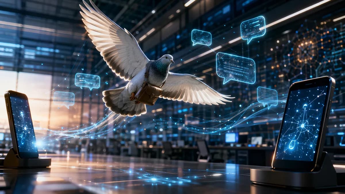Carrier pigeon flies through a futuristic tech workspace with frozen message bubbles and glowing devices.