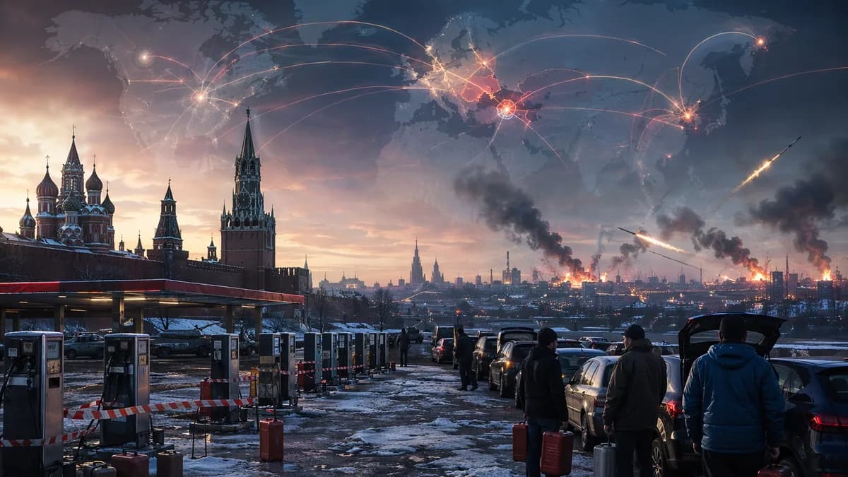 Kremlin, fuel pumps, and missile trails over Eastern Europe in a tense geopolitical news scene.