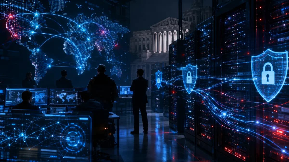 Dark server network under investigation with shields, locks, and cybercrime infrastructure visuals.