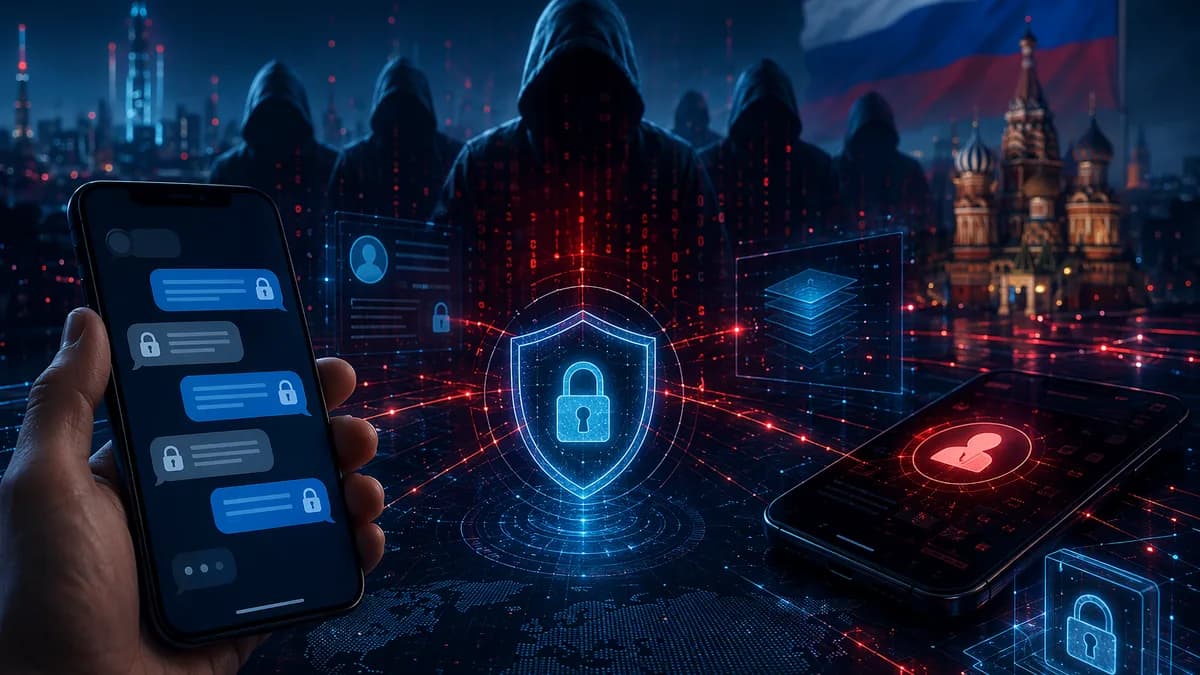 Dark cybersecurity scene with hacked messaging phones, shields, locks, and shadowy cyber attackers.