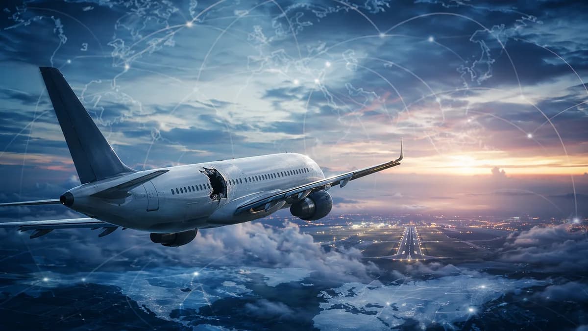 Commercial jet with damaged window over clouds, global map overlays suggesting aviation safety news