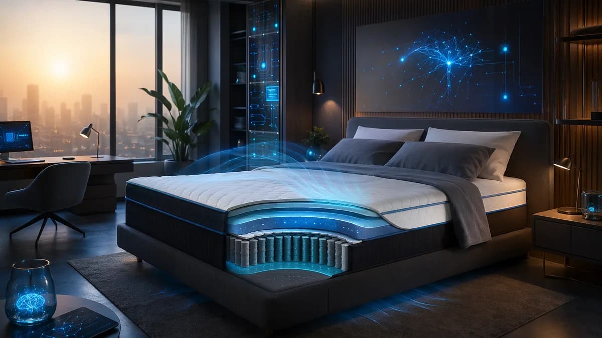 Cool modern bedroom with hybrid mattress and subtle tech visuals during a heatwave