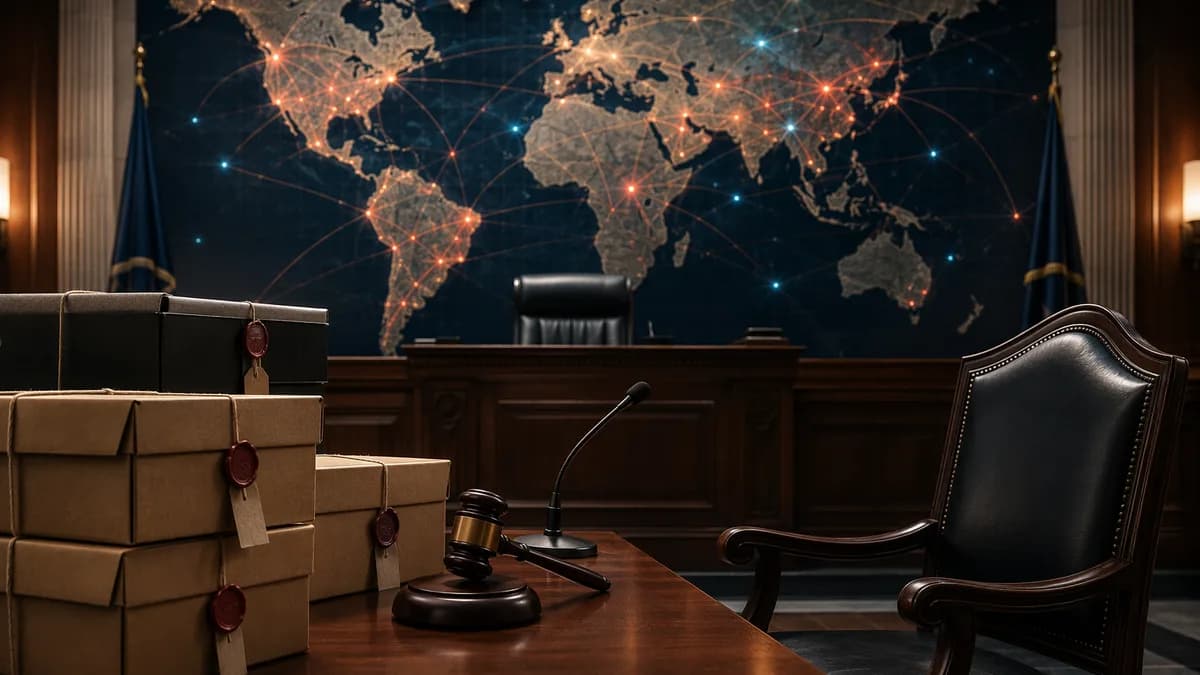 Solemn courtroom with gavel and global map, symbolizing terrorism conviction and international legal impact.