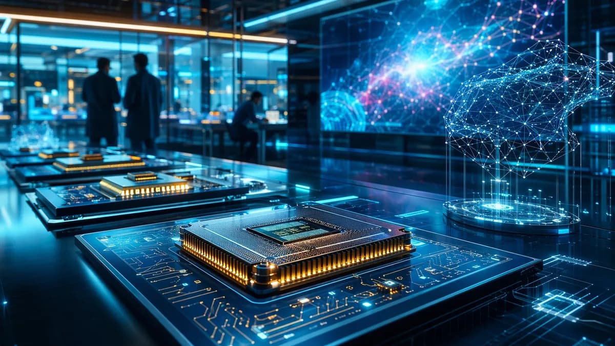 Glowing AI chips in a futuristic lab, symbolizing rapid investment in inference hardware