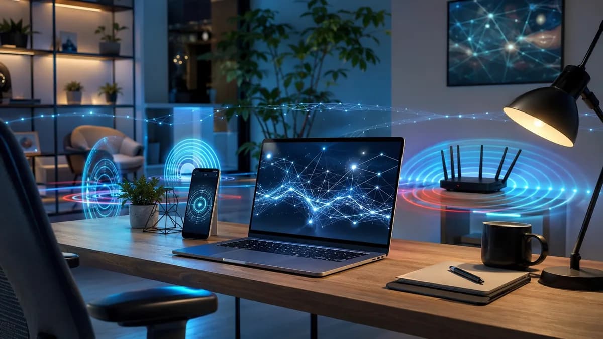 Modern home office with phone Wi-Fi diagnostics showing signal dead zones around a desk
