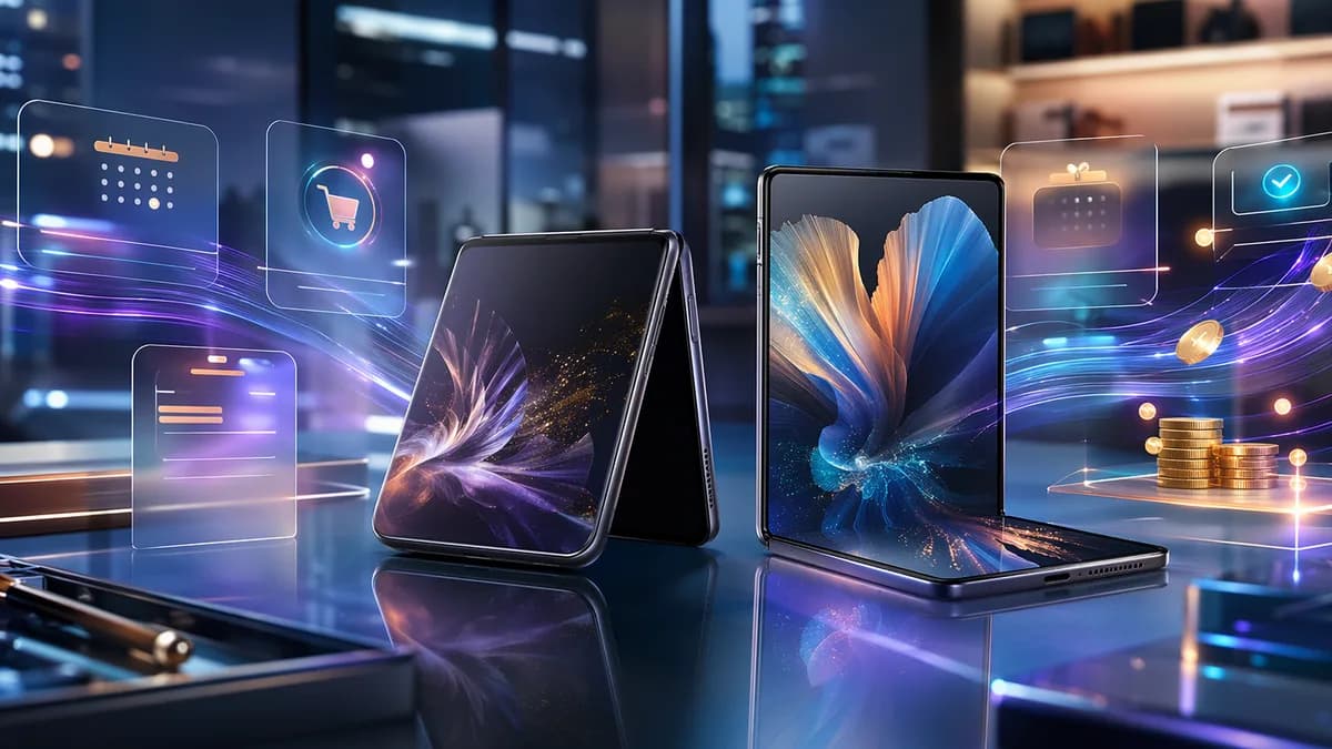 Unbranded foldable phones in a futuristic workspace with glowing reservation and credit visuals.